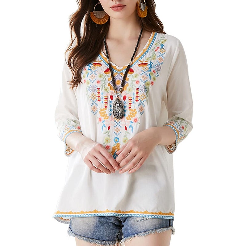 AK Women's Embroidered Tops 3/4 Sleeve Traditional Mexican Shirts for Women V Neck Peasant Tunic Blouses White - Image 1